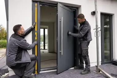 Monteure richten eine anthrazitfarbene Aluminium-Haustür fachgerecht aus