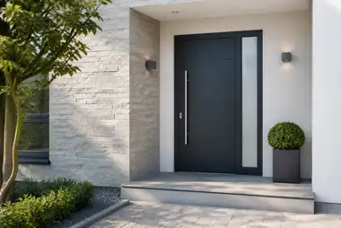 Moderne anthrazitfarbene Aluminium-Haustür nach Maß an einem Einfamilienhaus