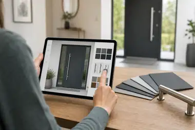 Digitale Konfiguration einer Aluminium-Haustür mit Farben und Griffvarianten auf einem Tablet